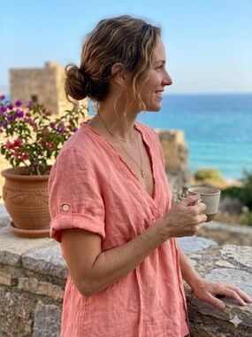 Gap 100% Linen Coral Empire Waist Tunic Blouse Size XL Washable Raw Edge